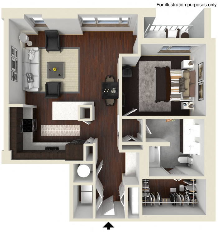 Floor plan for 1 bed, 1 bath, 960 sqft